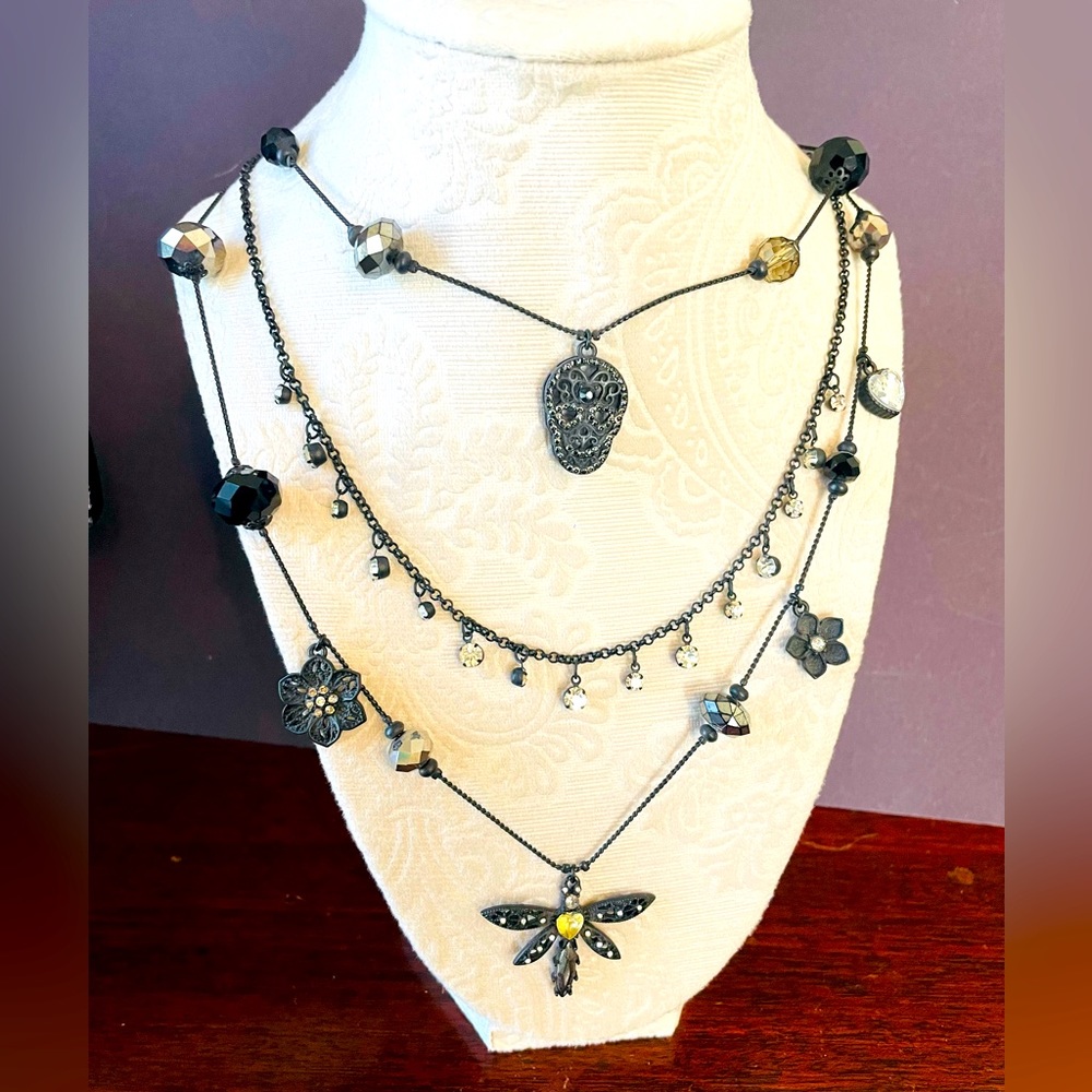 Betsey Johnson black skull and dragonfly 3 tier necklace